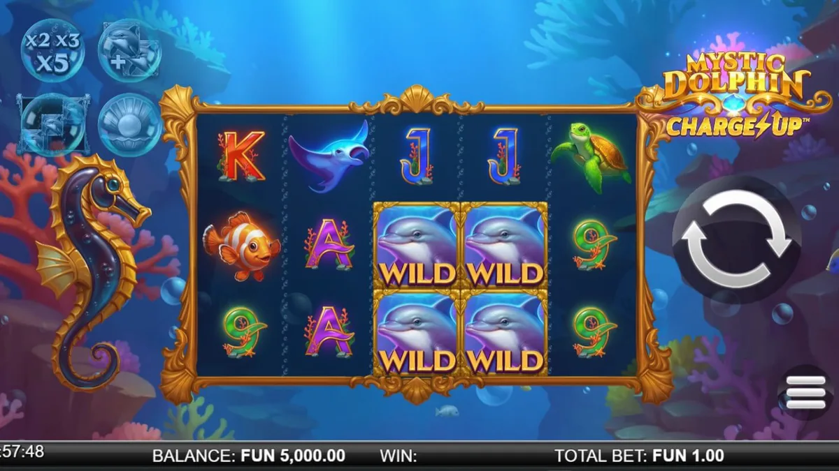 Interface do jogo Mystic Dolphin Charge Up com elementos oceânicos e medidor de bônus