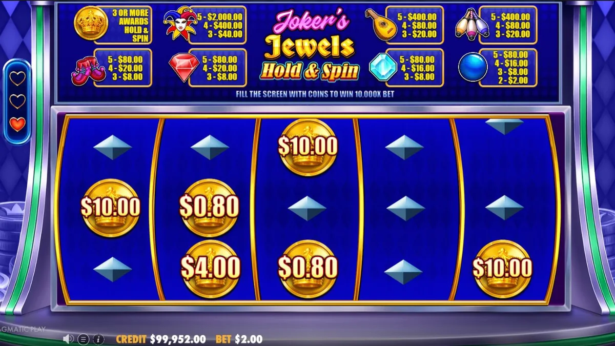 Interface do jogo Joker’s Jewels Hold & Spin em um dispositivo móvel