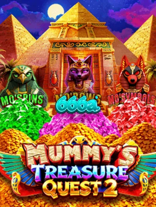 Cena do jogo Mummy’s Treasure Quest 2 com pirâmides ao fundo